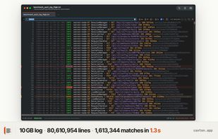 Log search shot: 10 GB log · 80,610,954 lines · 1,613,344 matches in 1.3 s