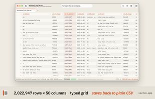 A 1 GB CSV with 2,022,947 rows and 50 columns open in the grid, light theme. Columns are typed from the header row, any header sorts, and the status bar keeps a live profile of the column you are in. It saves back to plain CSV.