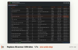 Cell edit / replace shot: Replace All across 1.6M sites · 1.7 s · one undo step