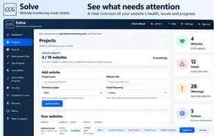 Projects dashboard showing website health, issues, warnings, notices, crawl settings and management of multiple websites.