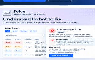 Audit results showing prioritised website issues with explanations, severity levels and practical guidance on how to fix them.