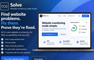 CCG Solve overview showing website auditing for SEO, accessibility and security, with full-site audits, fix guidance and verification.