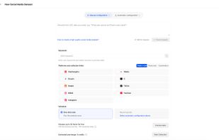 Build a social media dataset around your research needs. Choose keywords, platforms, and content types, then preview the data before starting collection.