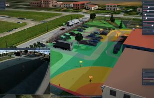 The whole design in 3D on real terrain, field of view occluded by what is there.