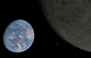 A low FOV shot of the Earth from low lunar orbit, with a high resolution virtual texture applied to the Moon.