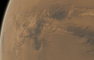 A closeup of Valles Marineris on Mars, this shot demonstrates Celestia's virtual texture feature that allows for extremely high resolution mapping of planets without a major performance loss.