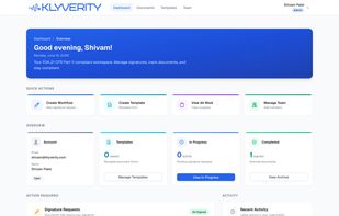 Dashboard: workspace overview of workflows, templates, and team activity