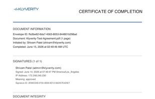 Certificate of Completion with signer identity, SHA-256 hash, and RFC 3161 trusted timestamp