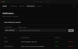 Notifications — route alerts to email, Slack, Discord, or a custom webhook, and enable or disable each channel independently.
