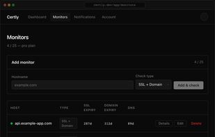 Monitors — add any hostname and pick what to watch (SSL, domain, or both). Each row shows SSL, domain, and DNSSEC expiry side by side, flagging recent DNS changes.
