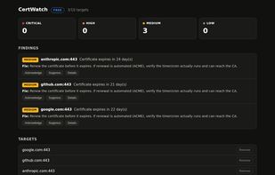 The CertWatch dashboard: findings grouped by severity, each with its fix attached.