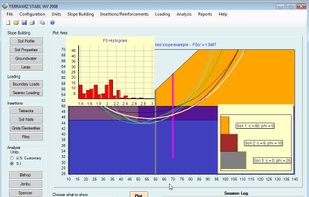 Ten most critical slip surfaces, soi legend and factor of safety histogram.