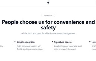 The screenshot shows the Chaindoc homepage, a blockchain-powered eSignature and payment platform. The page highlights key features such as teamwork, simple operation, signature control, and integration, emphasizing convenience, safety, and effective document management.