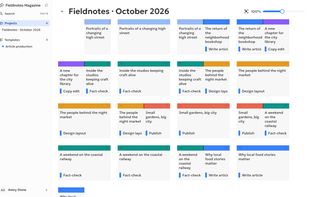 Layout view: the whole issue as spreads, coloured by each story's current phase.