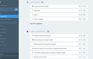 A screenshot of a roadmap showing the Suggestions and Under Consideration lists.