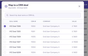 Channel Chaser lets users map a channel deal to the corresponding CRM record before synchronising the update. Search existing CRM deals by name or CRM ID, review the matching company and deal details, then map the deal to ensure updates are applied to the correct CRM record.