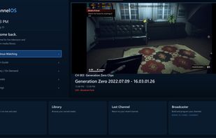 ChannelOS home screen with live channel preview, current program information, and quick access to the Guide, Library, Channels, and Settings.