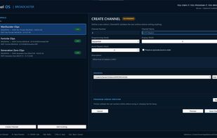 Broadcaster screen for creating and editing channels, choosing media sources, previewing program order, and managing channel schedules.
