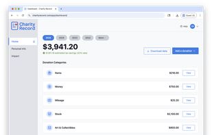 Charity Record dashboard showing donation totals and categories