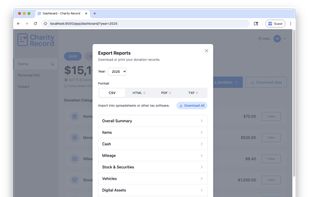 Export modal showing download options from Charity Record
