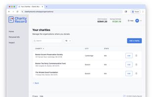 Charity Record list page, showing charities with address, edit, and delete options