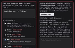 AI chart creation to create a draft from a title, description, mp3 file, pdf, or lyrics.
