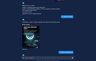 Marketers go from brief to finished ad in minutes: the AI previews headline, support copy, and CTA for approval, renders the vertical story creative, then offers a one-click publish to Instagram — no design tool required.