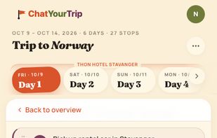 A day in detail: cards for each stop - rental car pickup, hotel, museum - with times, booking links and practical tips.