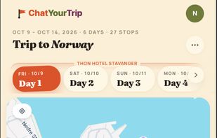 On your phone: the same trip day by day, with every place pinned on the map and a chat bar to tweak the plan as you go.