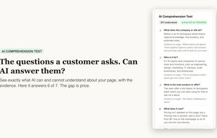 The AI Comprehension Test: an AI answers the questions a customer would ask about your page, each verdict backed by a quote from the page, showing what AI can and cannot understand.