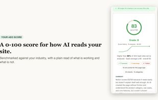 Your 0-100 AEO score with a letter grade and a six-category breakdown, benchmarked against other analyzed sites.