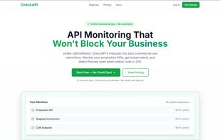 API uptime monitoring without commercial-use restrictions. Free tier, instant alerts, public status pages.