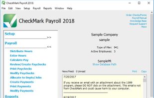 An easy to use dashboard giving you quick access to setup, payroll processing and reporting functions. A News Feed is constantly updated keeping you aware of important payroll changes. Other useful information is listed for quick reference including the number of active employees and where the data is being saved on your computer. Quick links in the upper right hand corner provide simple, easy access to order more supplies, contact support, browse the Knowledge Base, open the Payroll Manual and More!
