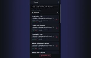 Run history — all past checklist runs searchable by template, URL, or notes, with pass rate indicators.
