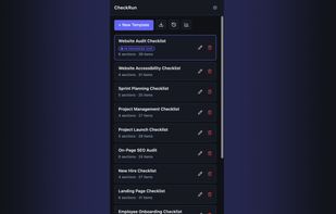 Template list view — all saved checklist templates in the Chrome side panel, with item and section counts.