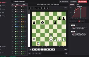 Analysis page with move list, status message, eval bar, board with classification and live engine