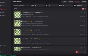 History page with filter options, game list