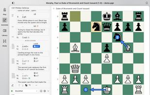 Annotate games with comments, move symbols, arrows and colored squares, with engine lines alongside.