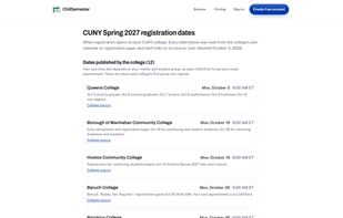 Spring 2027 registration dates for CUNY colleges, each with its source