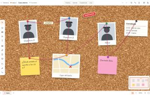 Detective template: photos, notes and red strings on a cork background.