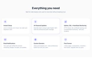 Built for indie hackers - instant setup, AI-powered updates, SSL + heartbeat monitoring