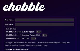 The booking form from a set-up Chobble Tickets site, showing name and email fields, and selectors to choose quantities of tickets, then a terms and conditions with checkbox, and a Reserve Tickets button
