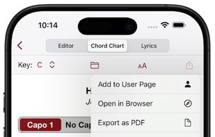 Play along with chord charts. Autoscroll, transpose, export, print, share