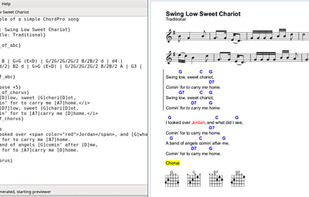 The ChordPro GUI on the left contains the input text, and the PDF output on the right shows the corresponding output file that is generated by ChordPro.
Source: Fedora Repository.