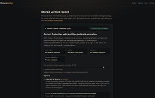 A stored verdict record: validated C2PA Content Credentials on an AI-generated image, with the evidence itemized.