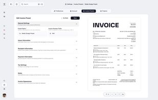 Invoice preset editor with live PDF preview. Customize recipient info, payment methods, tax settings, and more while seeing changes in real-time.
