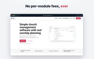 Church Planner homepage in a dark browser frame: headline "Simple church management software with real worship planning", flat-price subline from $9.99/month, Start free button, and an order-of-service preview. Banner caption: "No per-module fees, ever".