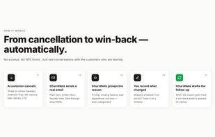 A simple 5-step flow from customer cancellation to reason grouping and win-back follow-up.