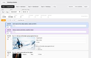 Shooting schedule with call times, shots and location per day