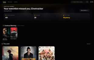 Your film dashboard — watchlist, hours watched, continue-watching and taste analytics in one place.